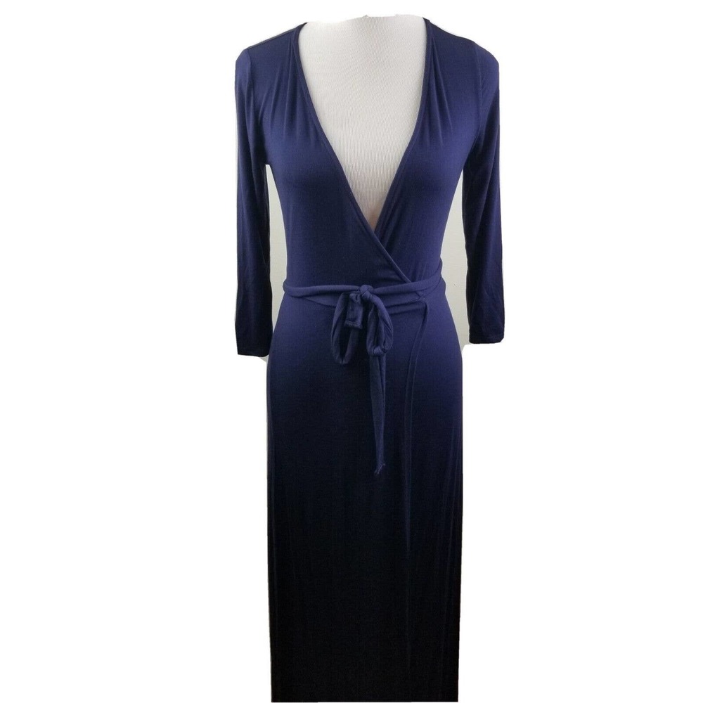 Lulus Navy Blue Wrap Maxi Dress Small Full Length Stretch Tie‎ Waist